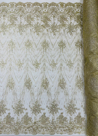 Geometric Damask Glitter Design On A Mesh Lace 54” Wide| New Creations Fabric & Foam Inc.