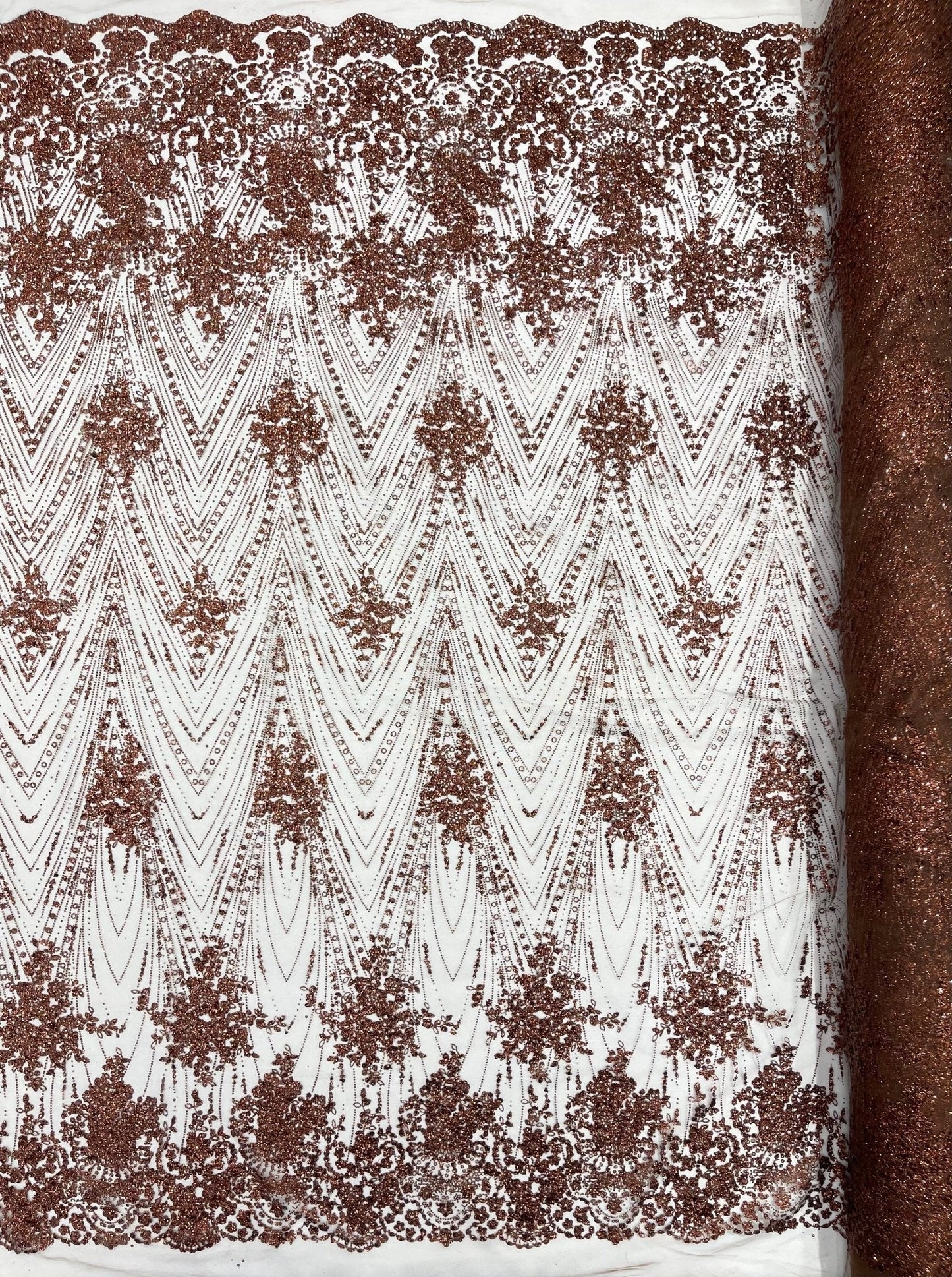 Geometric Damask Glitter Design On A Mesh Lace 54” Wide| New Creations Fabric & Foam Inc.