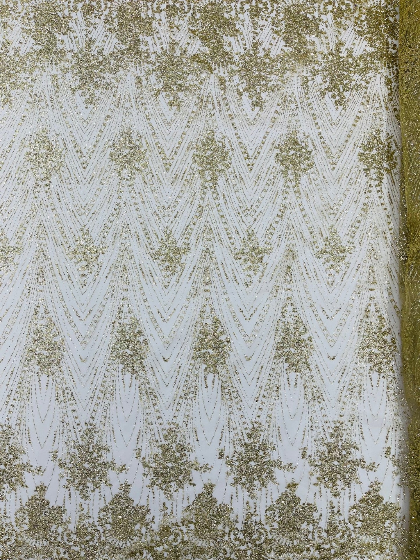 Geometric Damask Glitter Design On A Mesh Lace 54” Wide| New Creations Fabric & Foam Inc.