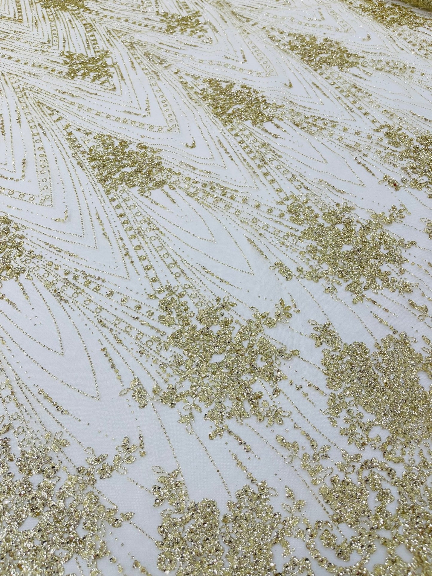 Geometric Damask Glitter Design On A Mesh Lace 54” Wide| New Creations Fabric & Foam Inc.