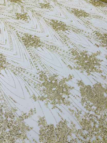 Geometric Damask Glitter Design On A Mesh Lace 54” Wide| New Creations Fabric & Foam Inc.
