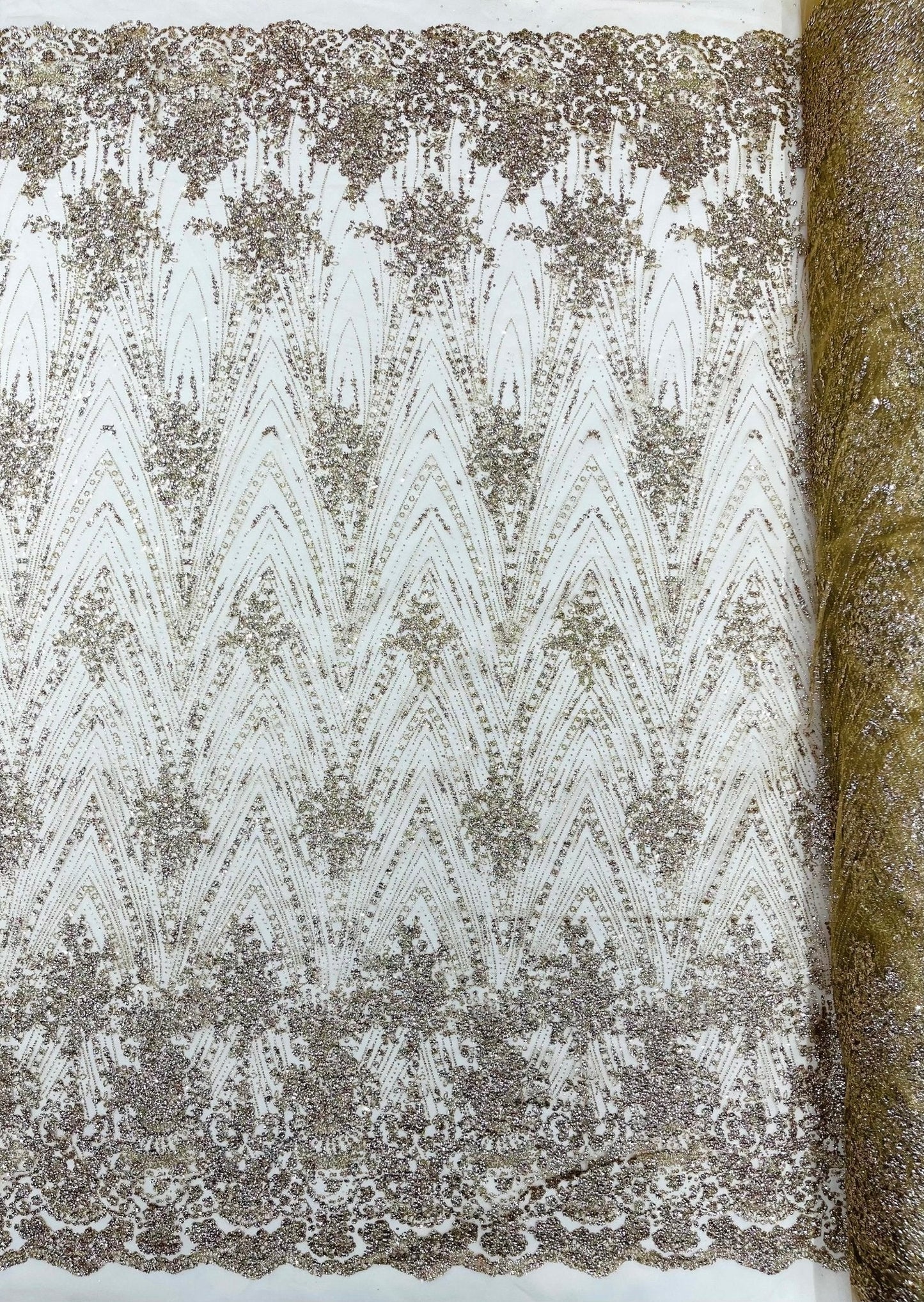 Geometric Damask Glitter Design On A Mesh Lace 54” Wide| New Creations Fabric & Foam Inc.