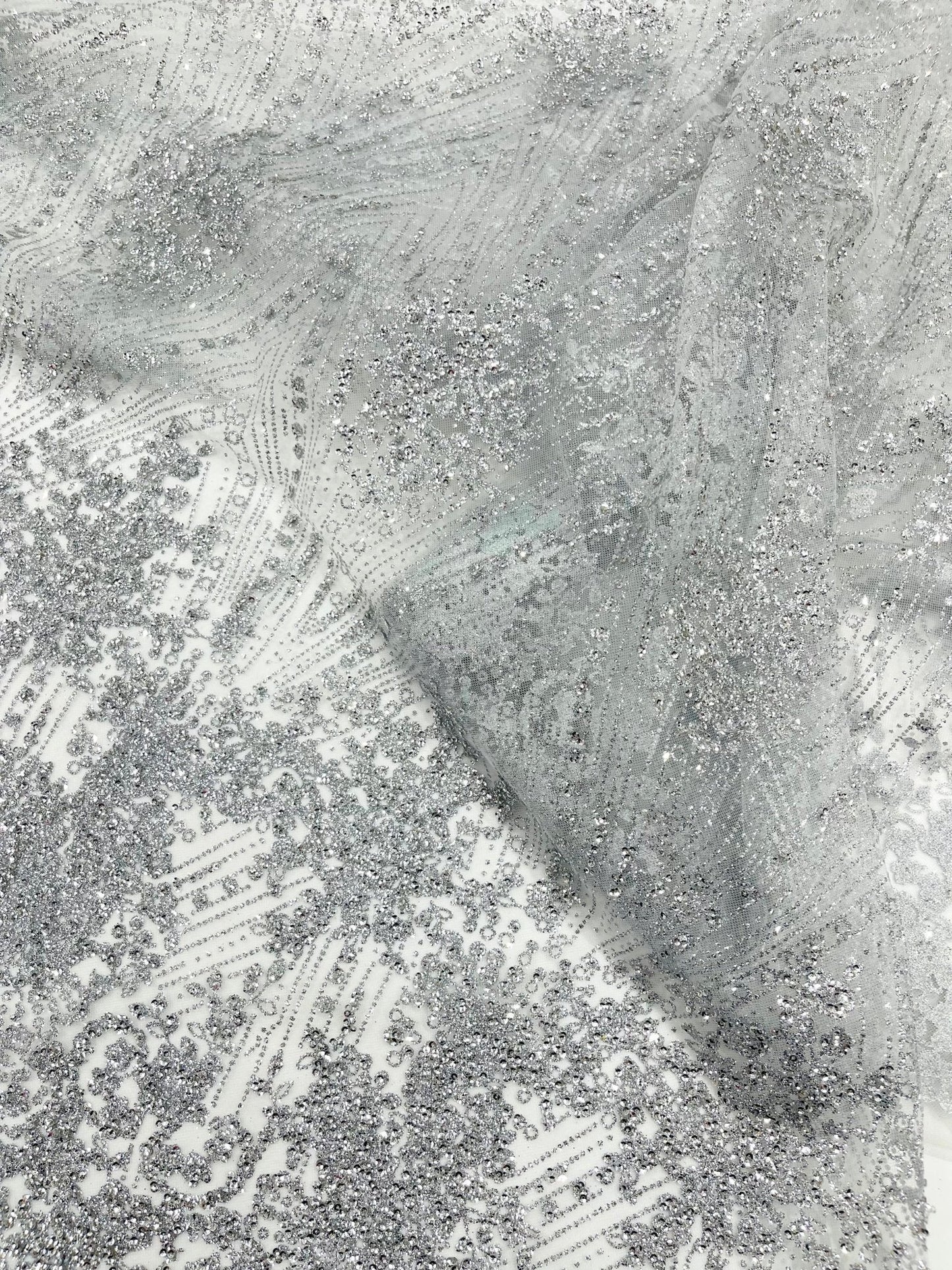 Geometric Damask Glitter Design On A Mesh Lace 54” Wide| New Creations Fabric & Foam Inc.