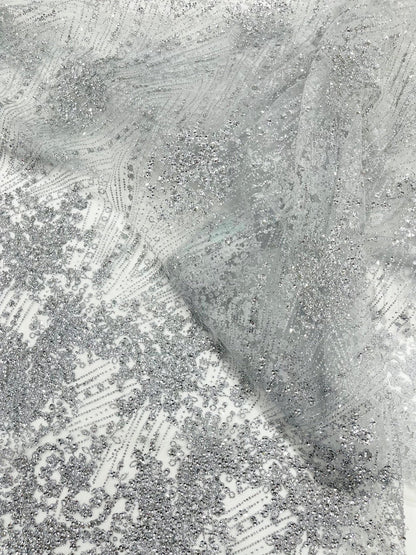 Geometric Damask Glitter Design On A Mesh Lace 54” Wide| New Creations Fabric & Foam Inc.