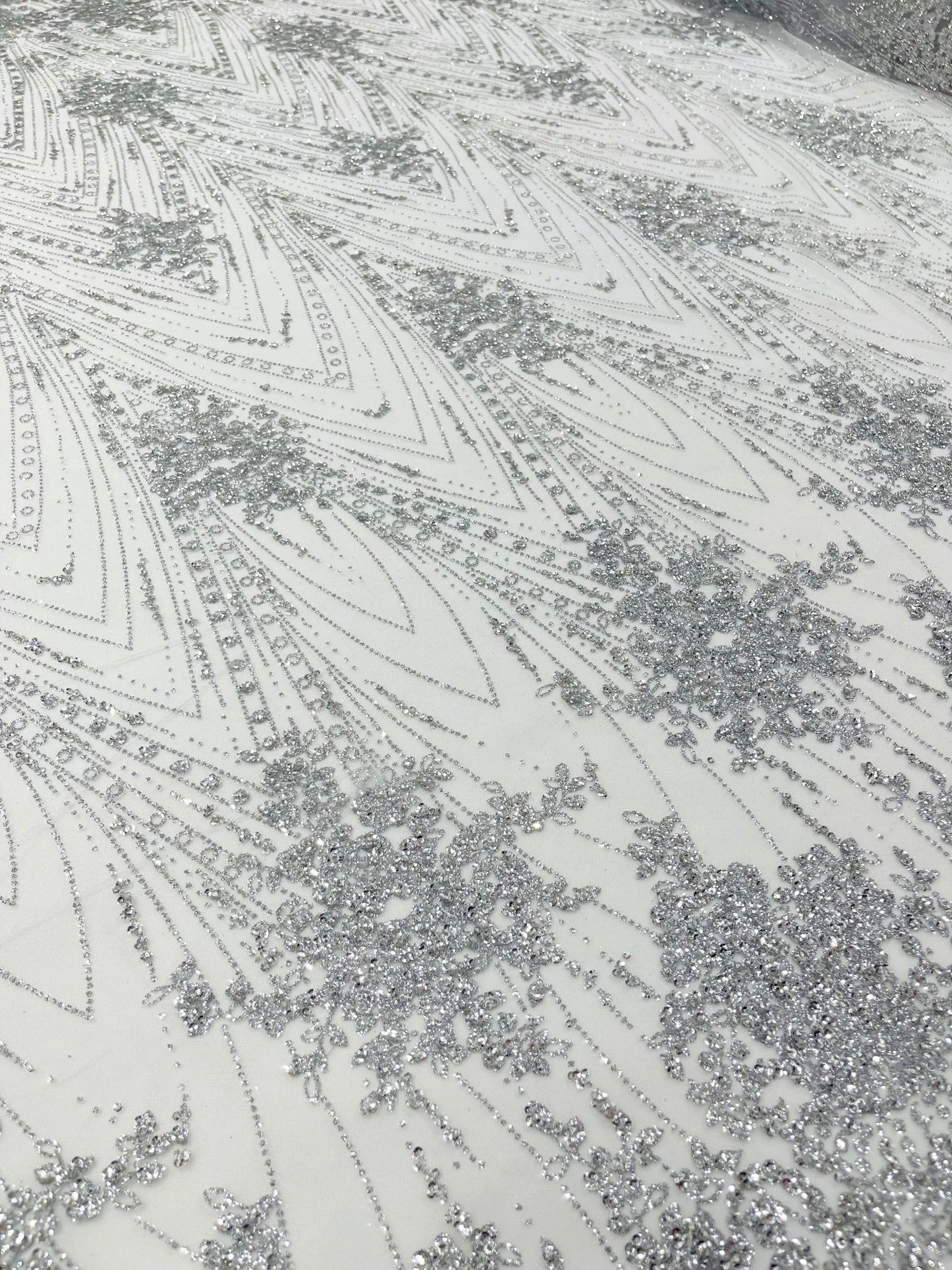 Geometric Damask Glitter Design On A Mesh Lace 54” Wide| New Creations Fabric & Foam Inc.
