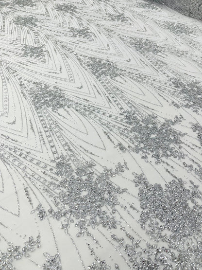 Geometric Damask Glitter Design On A Mesh Lace 54” Wide| New Creations Fabric & Foam Inc.