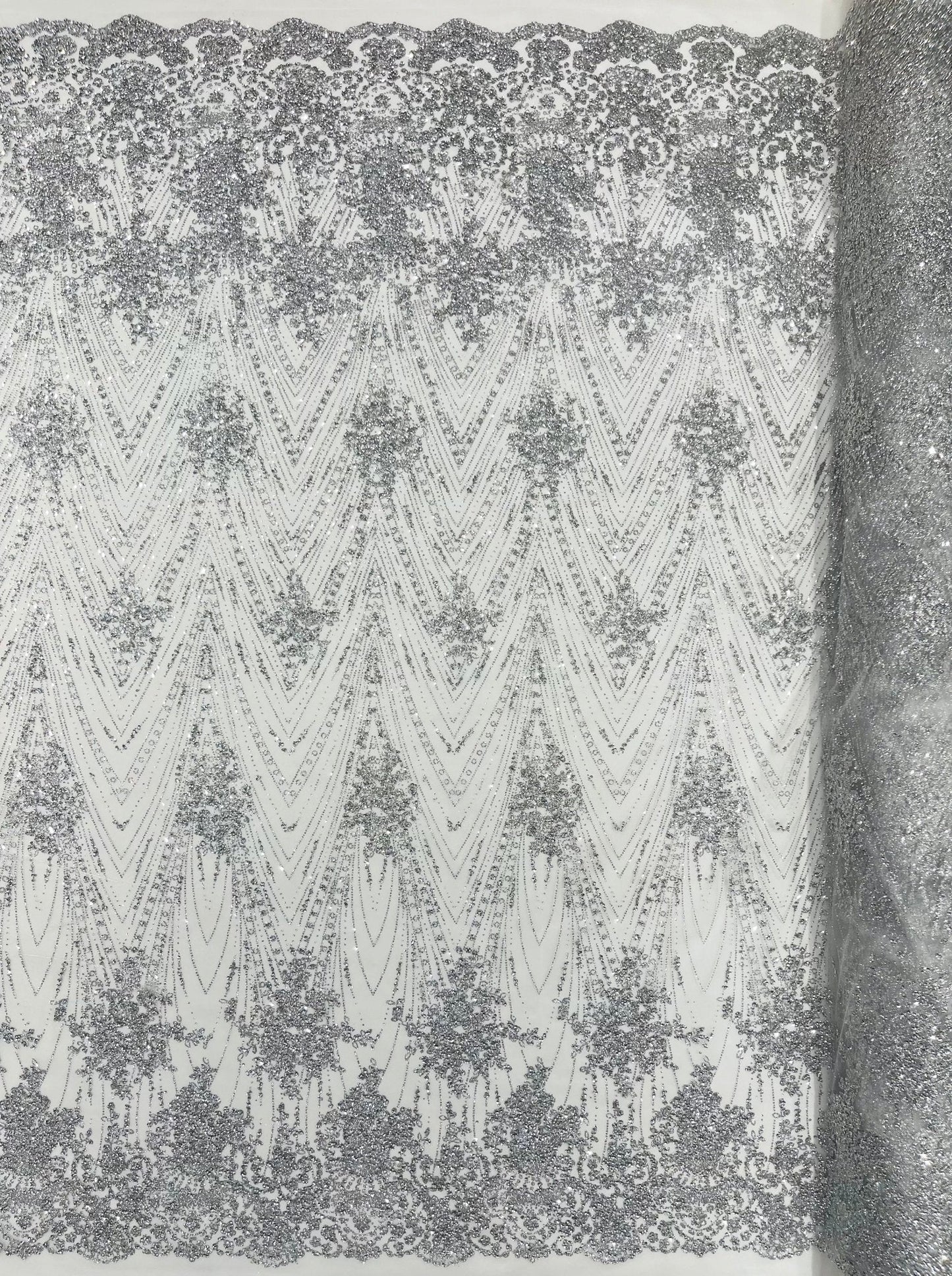 Geometric Damask Glitter Design On A Mesh Lace 54” Wide| New Creations Fabric & Foam Inc.
