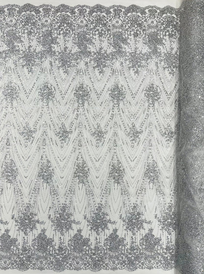 Geometric Damask Glitter Design On A Mesh Lace 54” Wide| New Creations Fabric & Foam Inc.