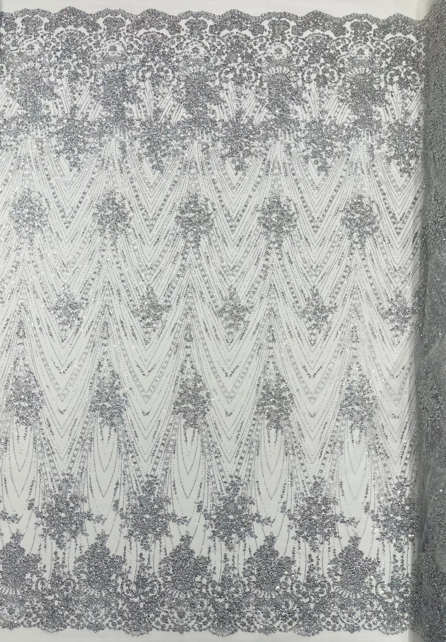 Geometric Damask Glitter Design On A Mesh Lace 54” Wide| New Creations Fabric & Foam Inc.