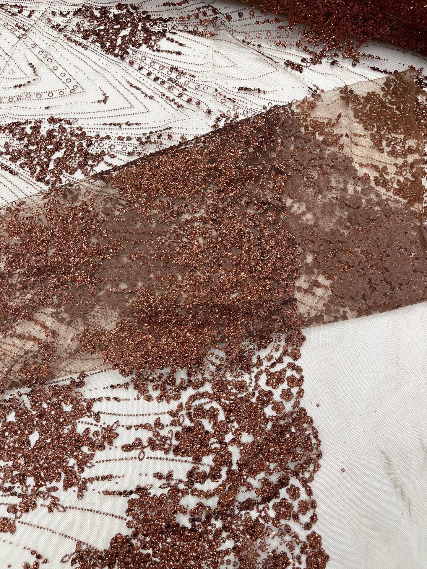 Geometric Damask Glitter Design On A Mesh Lace 54” Wide| New Creations Fabric & Foam Inc.