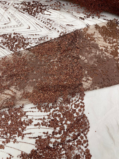 Geometric Damask Glitter Design On A Mesh Lace 54” Wide| New Creations Fabric & Foam Inc.