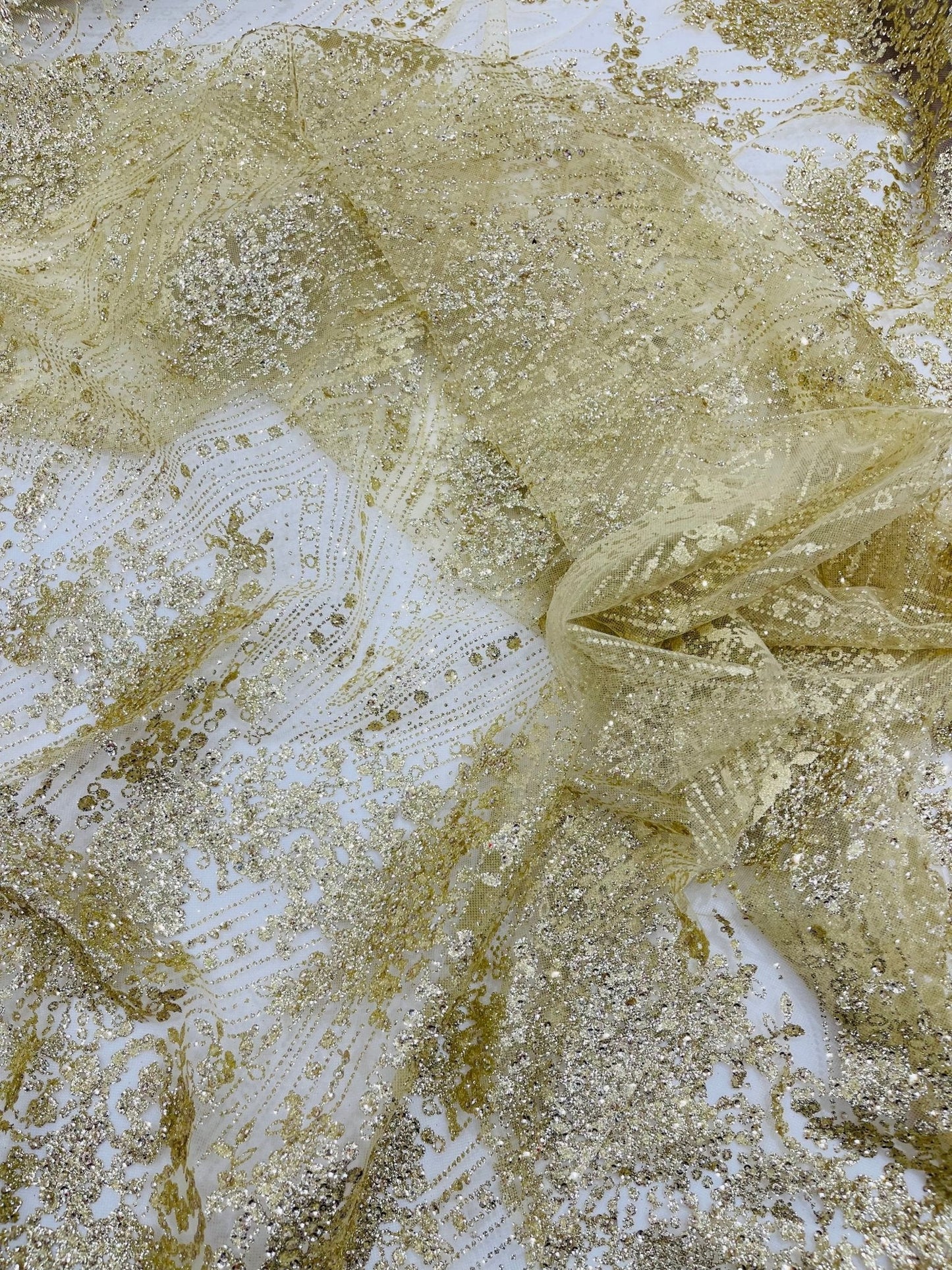 Geometric Damask Glitter Design On A Mesh Lace 54” Wide| New Creations Fabric & Foam Inc.