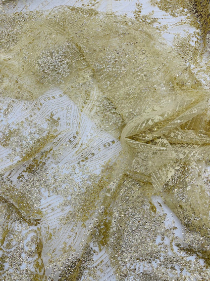 Geometric Damask Glitter Design On A Mesh Lace 54” Wide| New Creations Fabric & Foam Inc.
