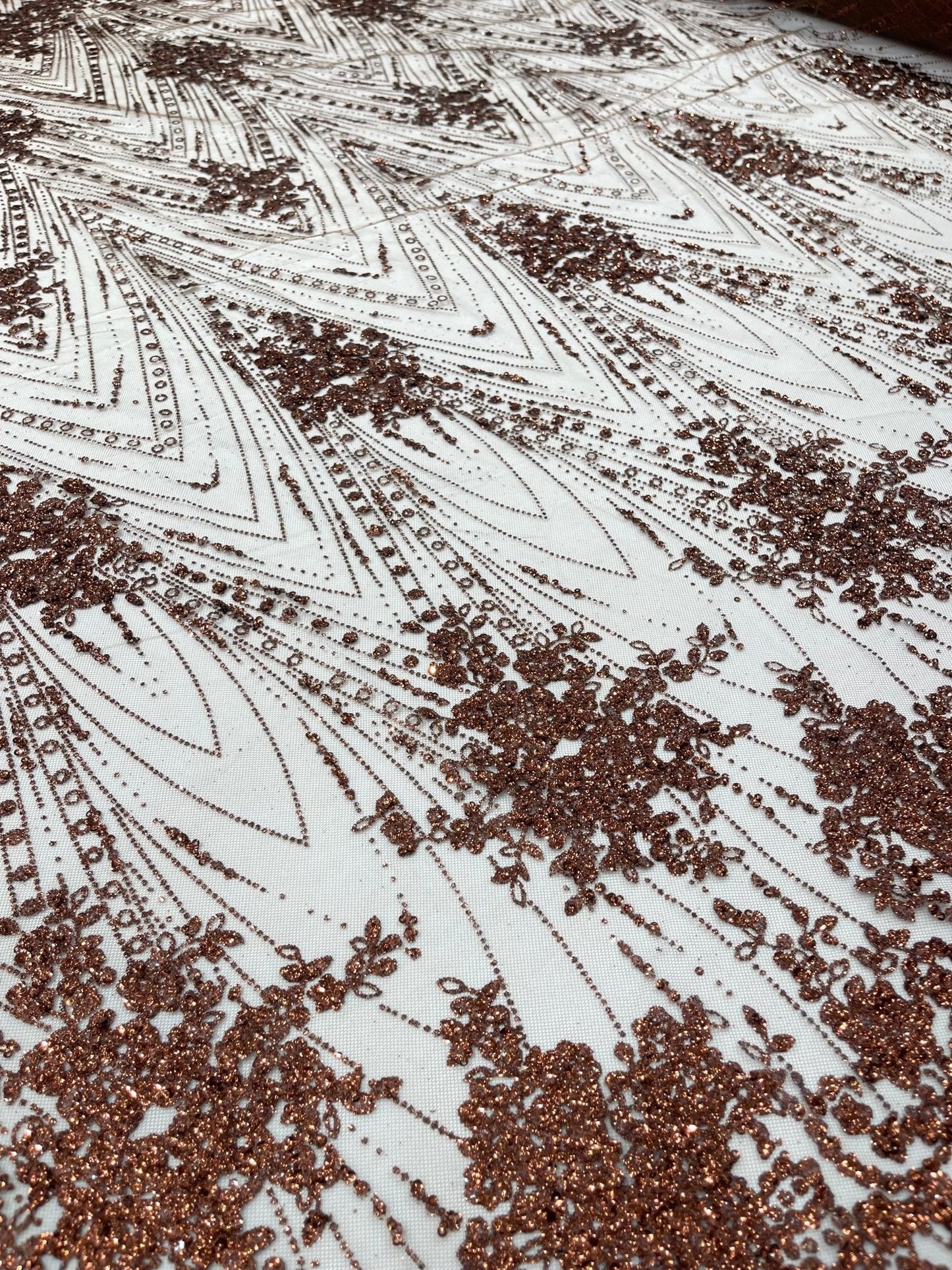 Geometric Damask Glitter Design On A Mesh Lace 54” Wide| New Creations Fabric & Foam Inc.
