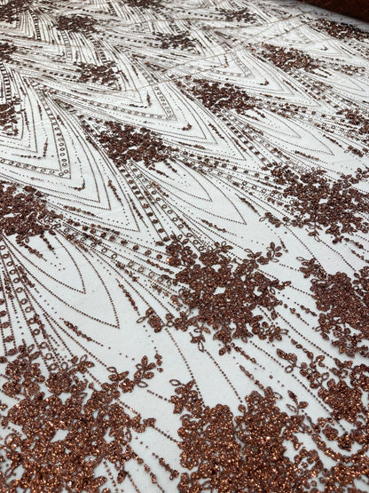 Geometric Damask Glitter Design On A Mesh Lace 54” Wide| New Creations Fabric & Foam Inc.