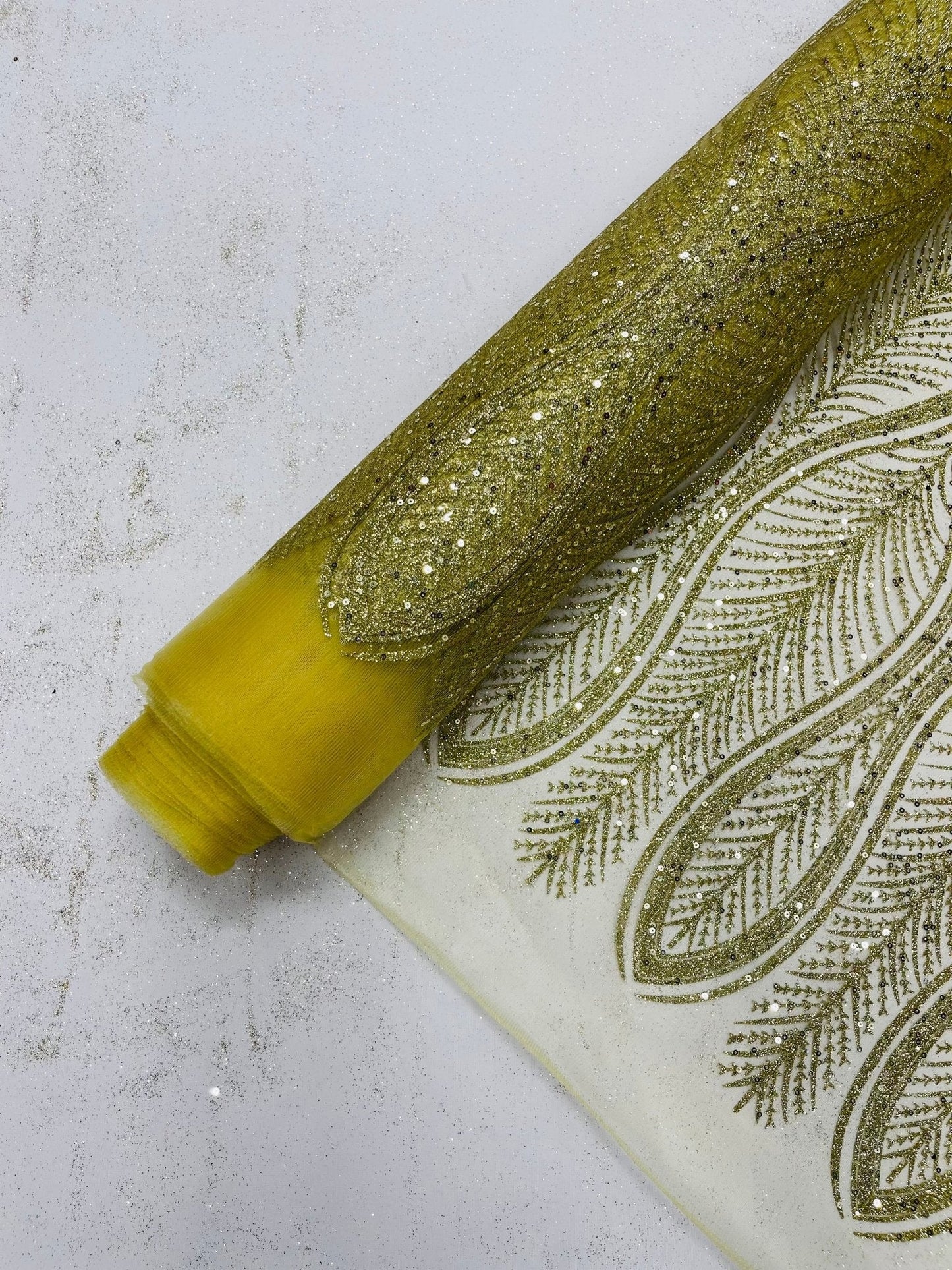 Glitter Feather Design 54" Wide| New Creations Fabric & Foam Inc.