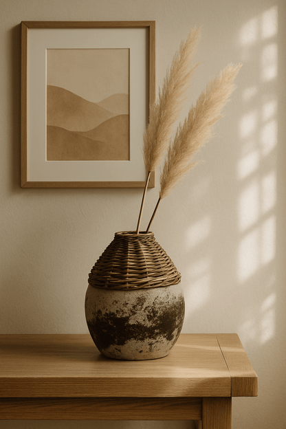 Hand-Woven Rattan & Clay Vase, Distressed