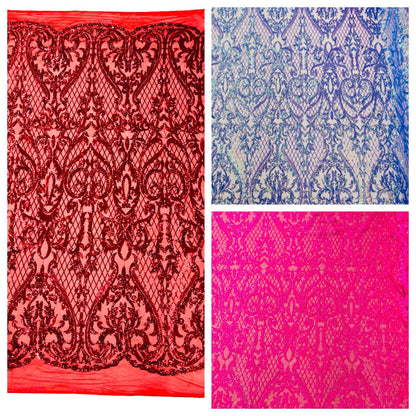 Heart Sequin Damask Fabric 54” Wide| New Creations Fabric & Foam Inc.