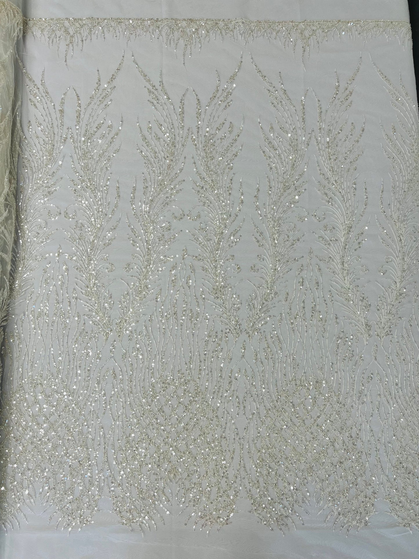 Wing Feather Damask Beaded Lace 54" Wide | New Creations Fabric & Foam Inc.
