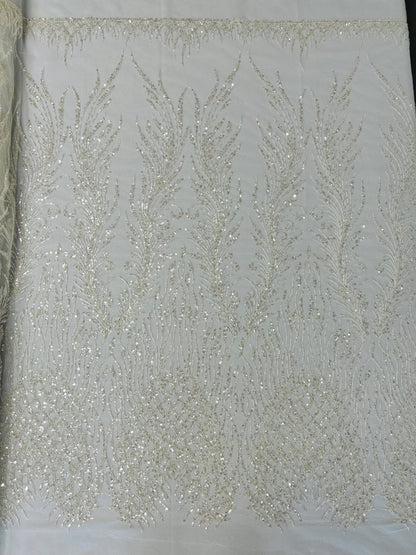 Wing Feather Damask Beaded Lace 54" Wide | New Creations Fabric & Foam Inc.