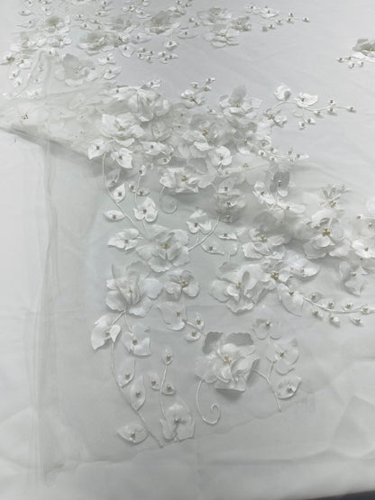 Orquidia 3d floral design embroider with pearls lace 54" Wide| New Creations Fabric & Foam Inc.