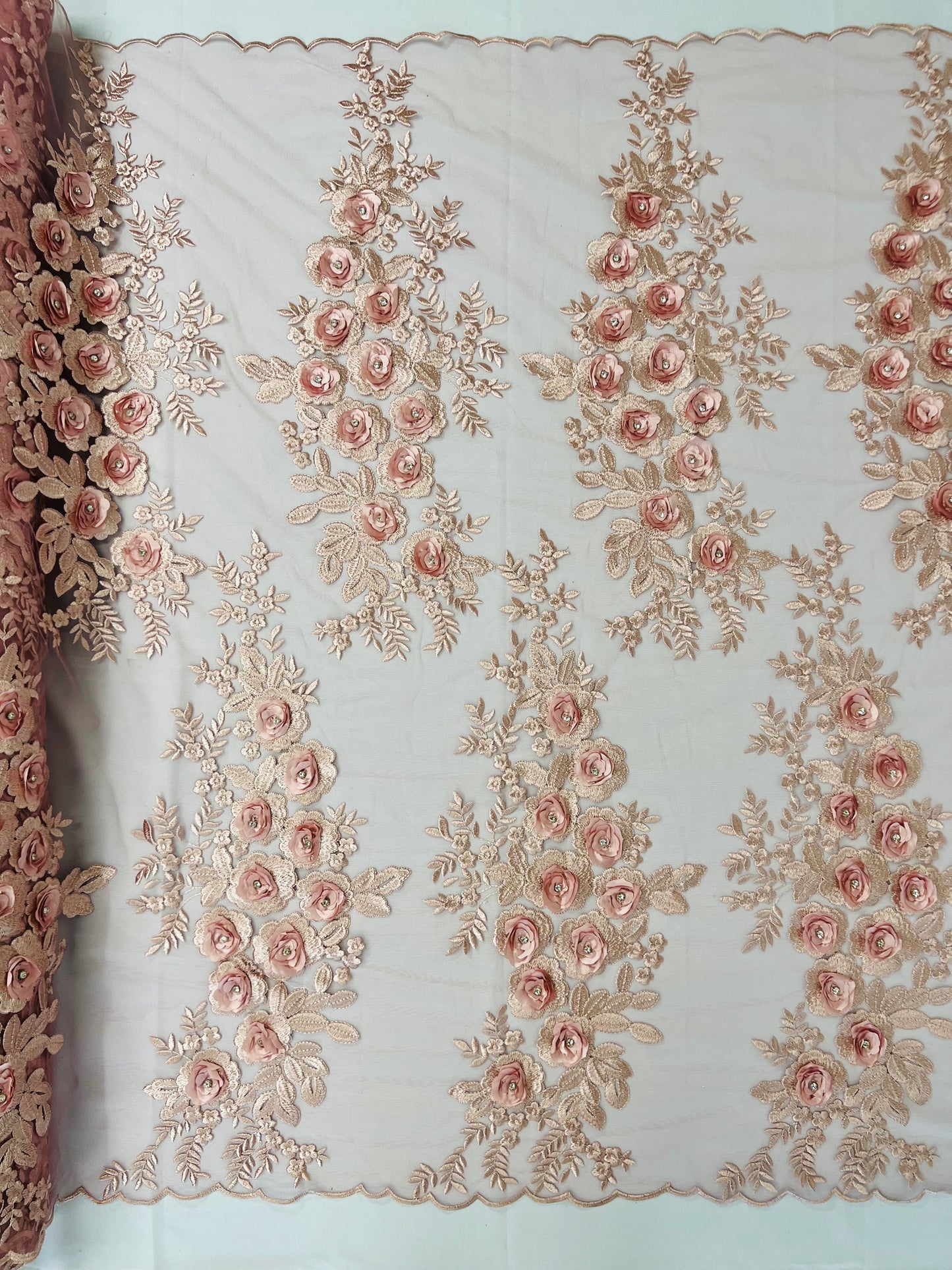 Rosa 3d Floral Design With Rhinestones 54" Wide| New Creations Fabric & Foam Inc.