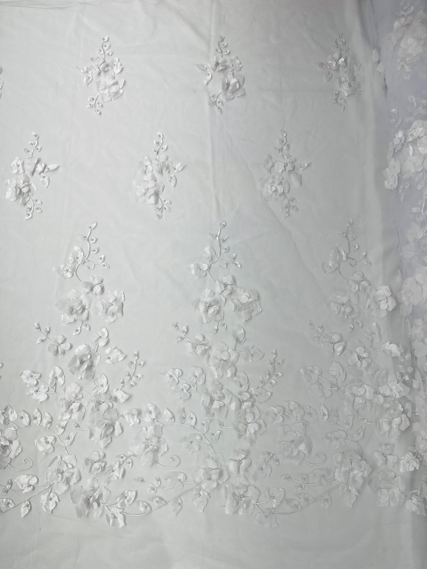 Orquidia 3d floral design embroider with pearls lace 54" Wide| New Creations Fabric & Foam Inc.