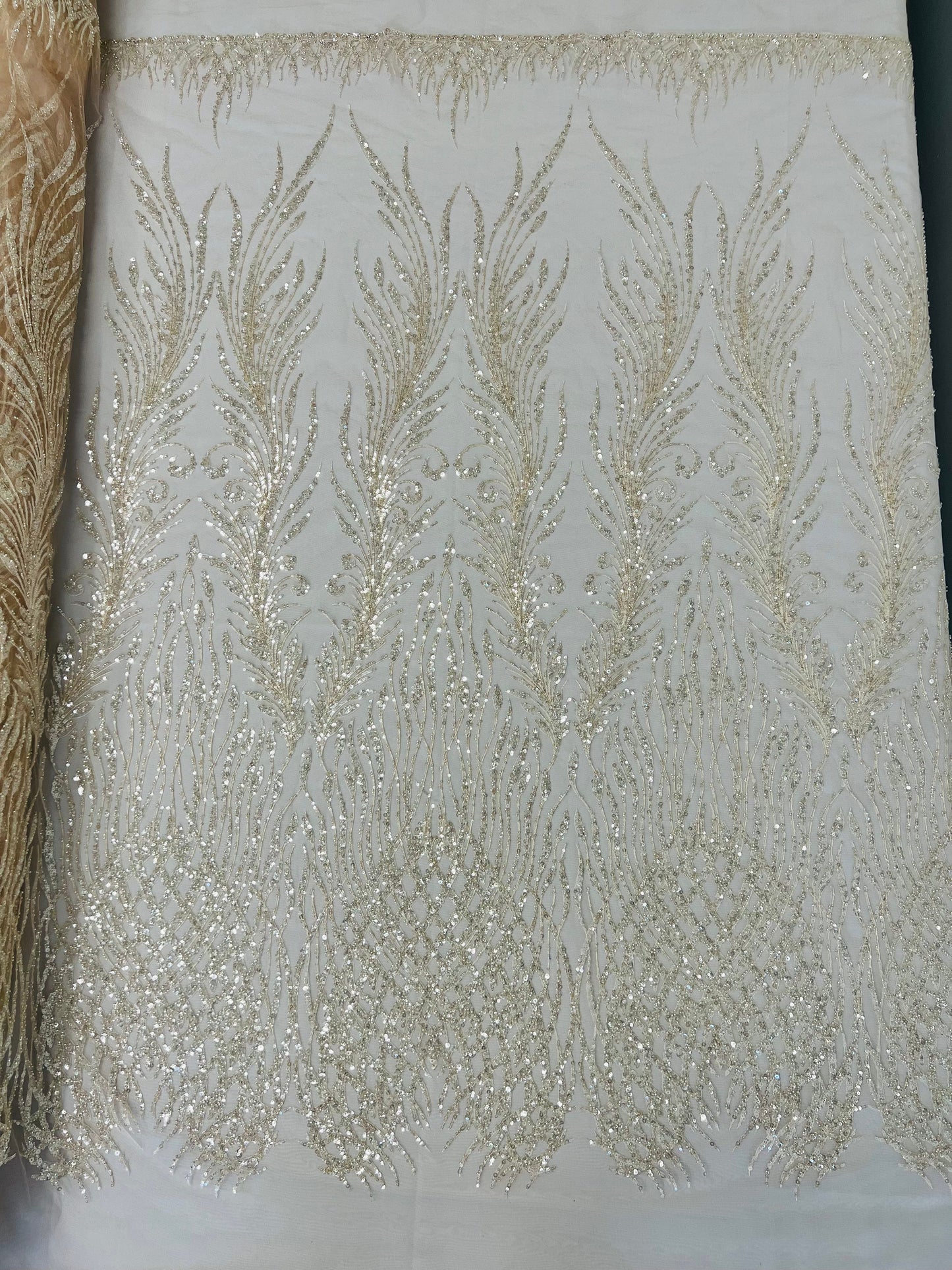Wing Feather Damask Beaded Lace 54" Wide | New Creations Fabric & Foam Inc.