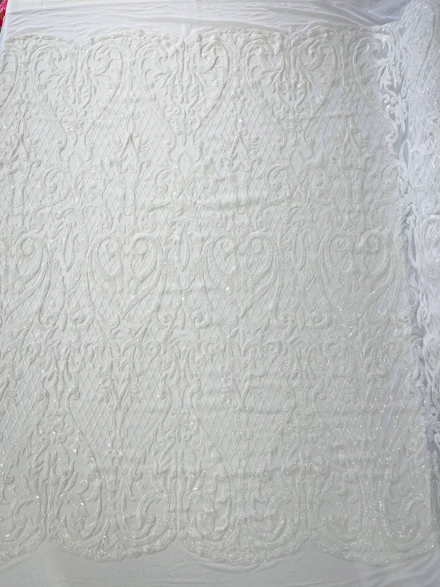 Heart Sequin Damask Fabric 54” Wide| New Creations Fabric & Foam Inc.