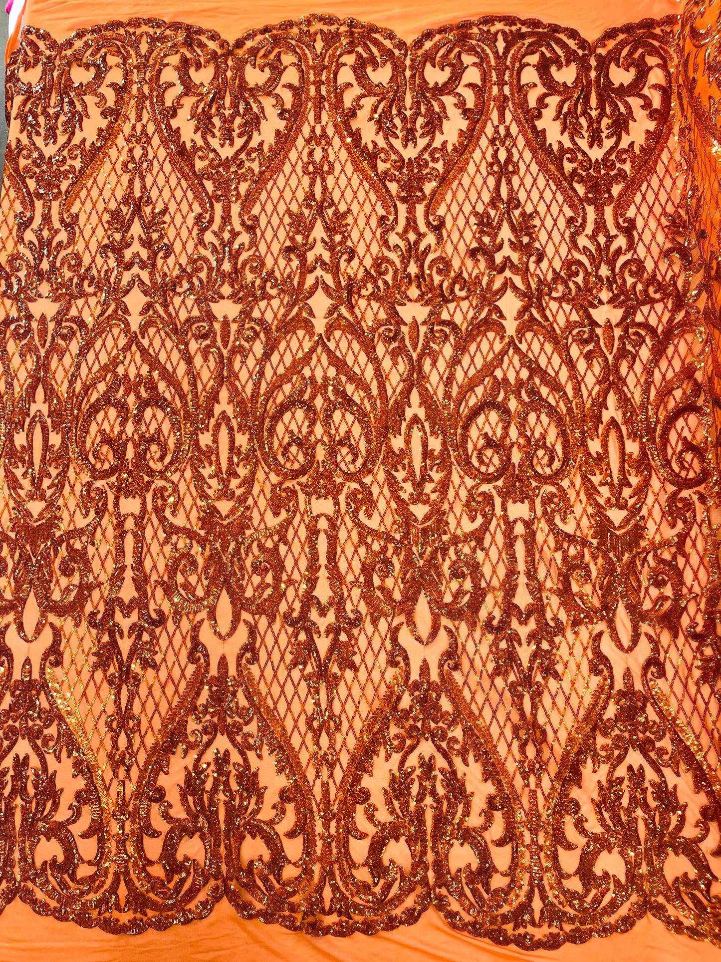 Heart Sequin Damask Fabric 54” Wide| New Creations Fabric & Foam Inc.