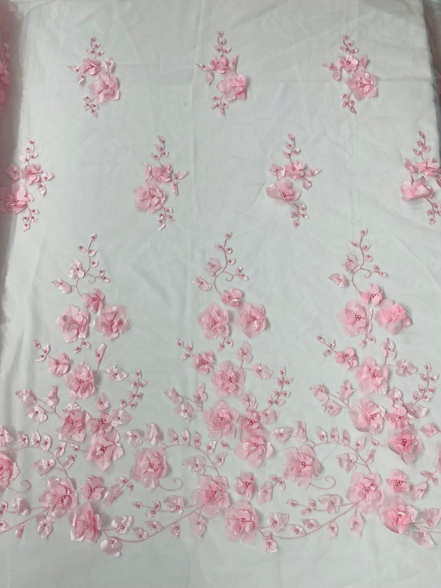 Orquidia 3d floral design embroider with pearls lace 54" Wide| New Creations Fabric & Foam Inc.