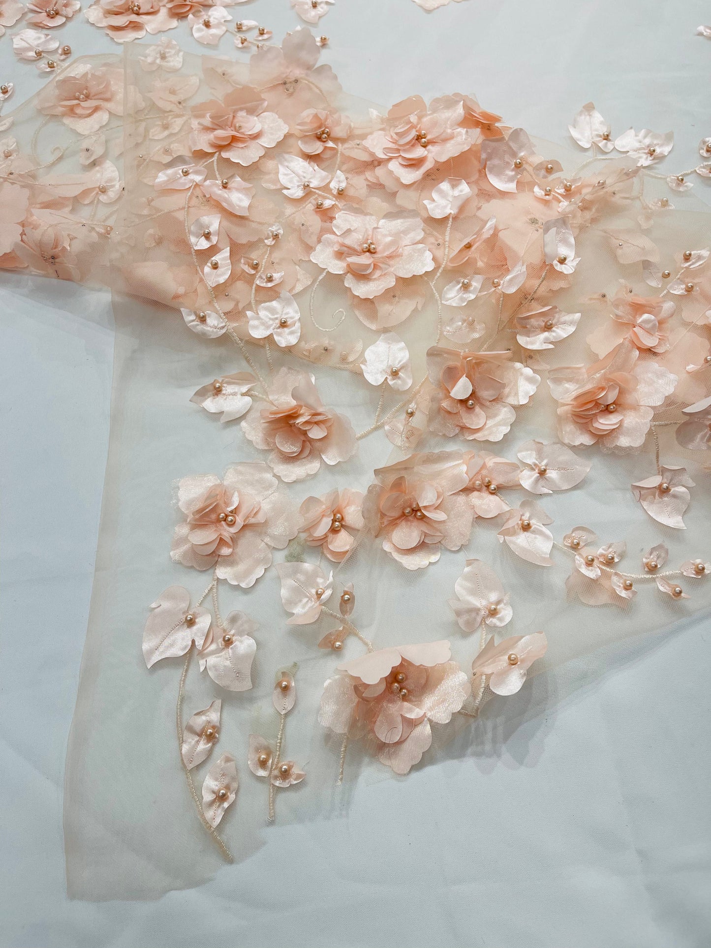 Orquidia 3d floral design embroider with pearls lace 54" Wide| New Creations Fabric & Foam Inc.