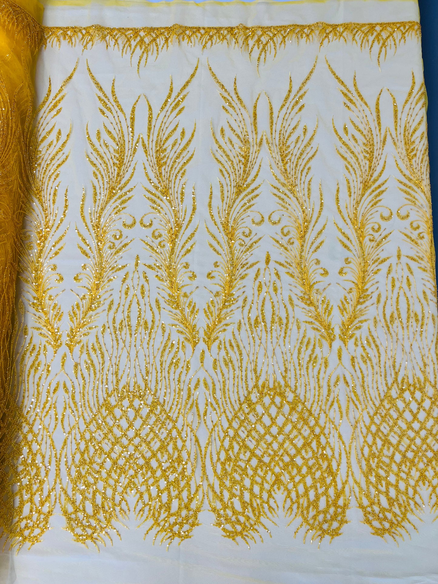 Wing Feather Damask Beaded Lace 54" Wide | New Creations Fabric & Foam Inc.