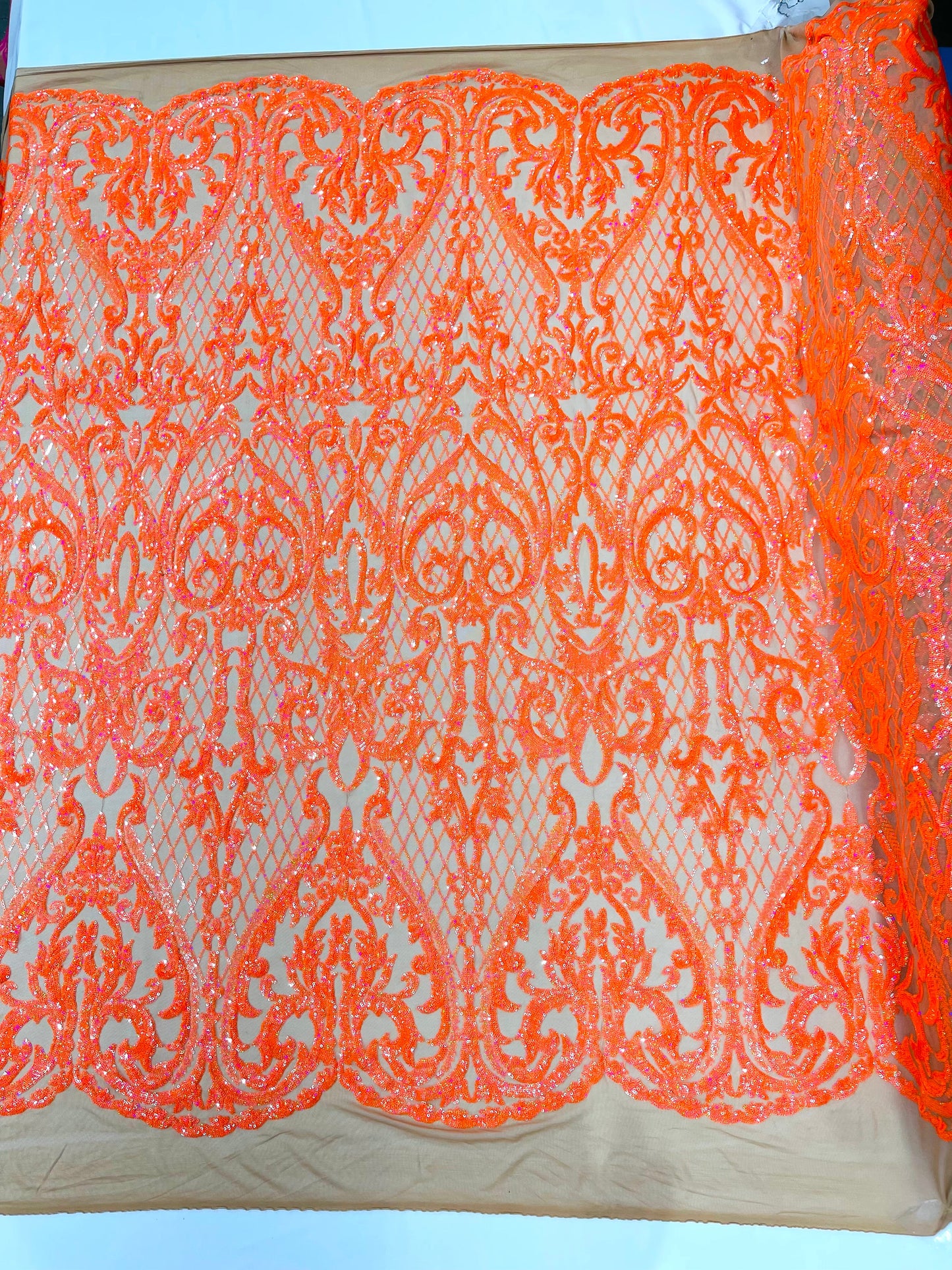 Heart Sequin Damask Fabric 54” Wide| New Creations Fabric & Foam Inc.
