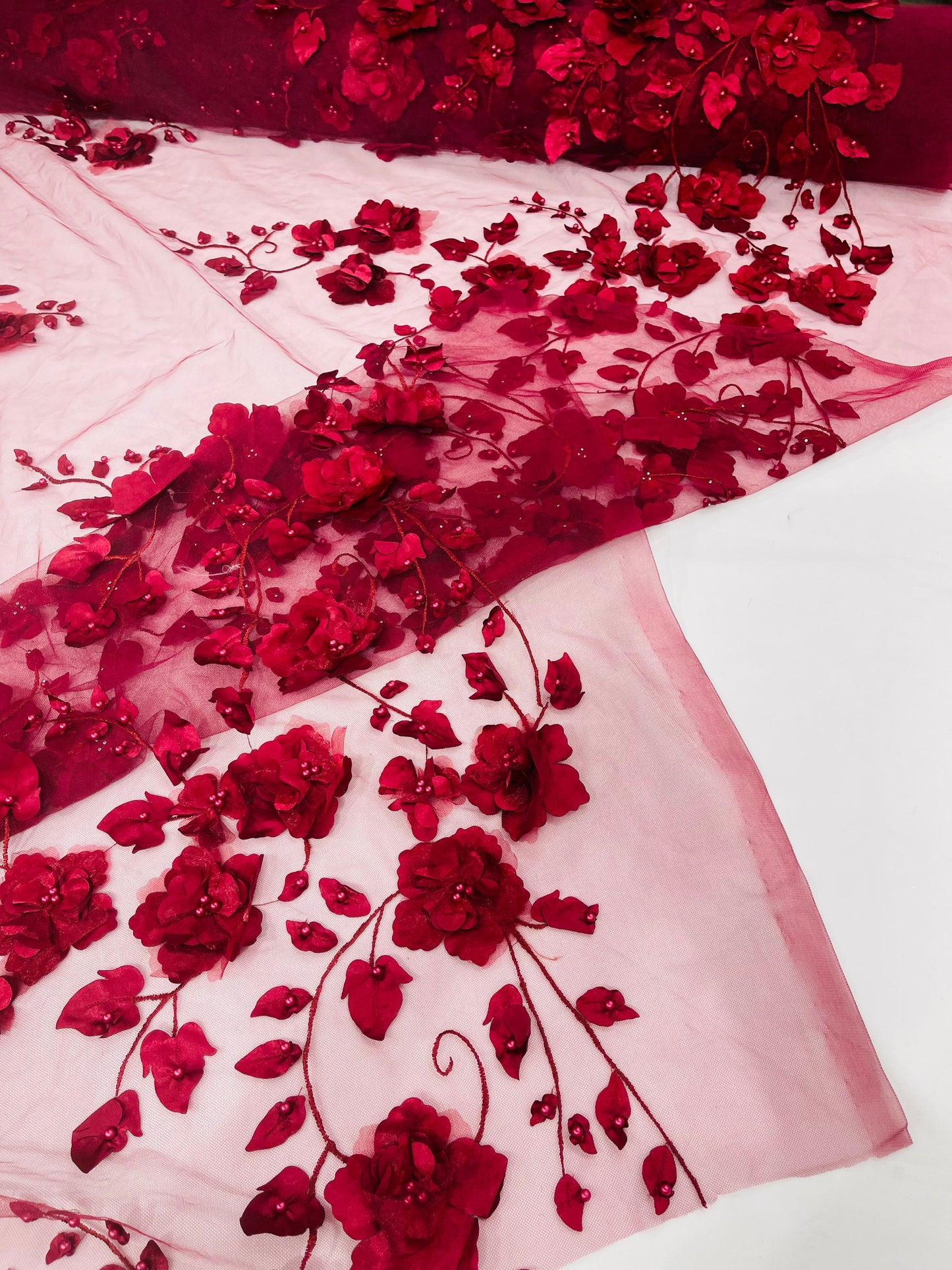 Orquidia 3d floral design embroider with pearls lace 54" Wide| New Creations Fabric & Foam Inc.