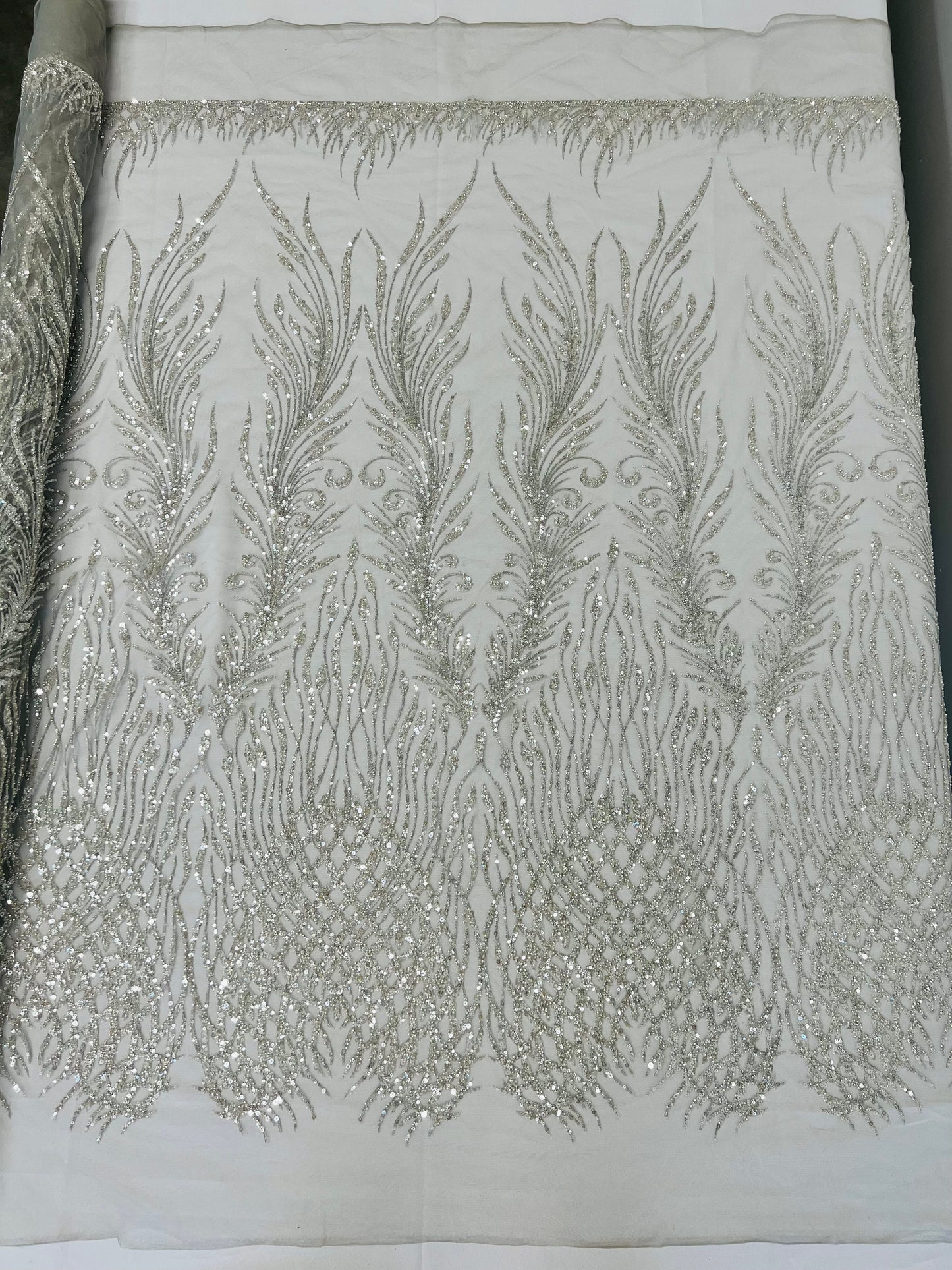 Wing Feather Damask Beaded Lace 54" Wide | New Creations Fabric & Foam Inc.
