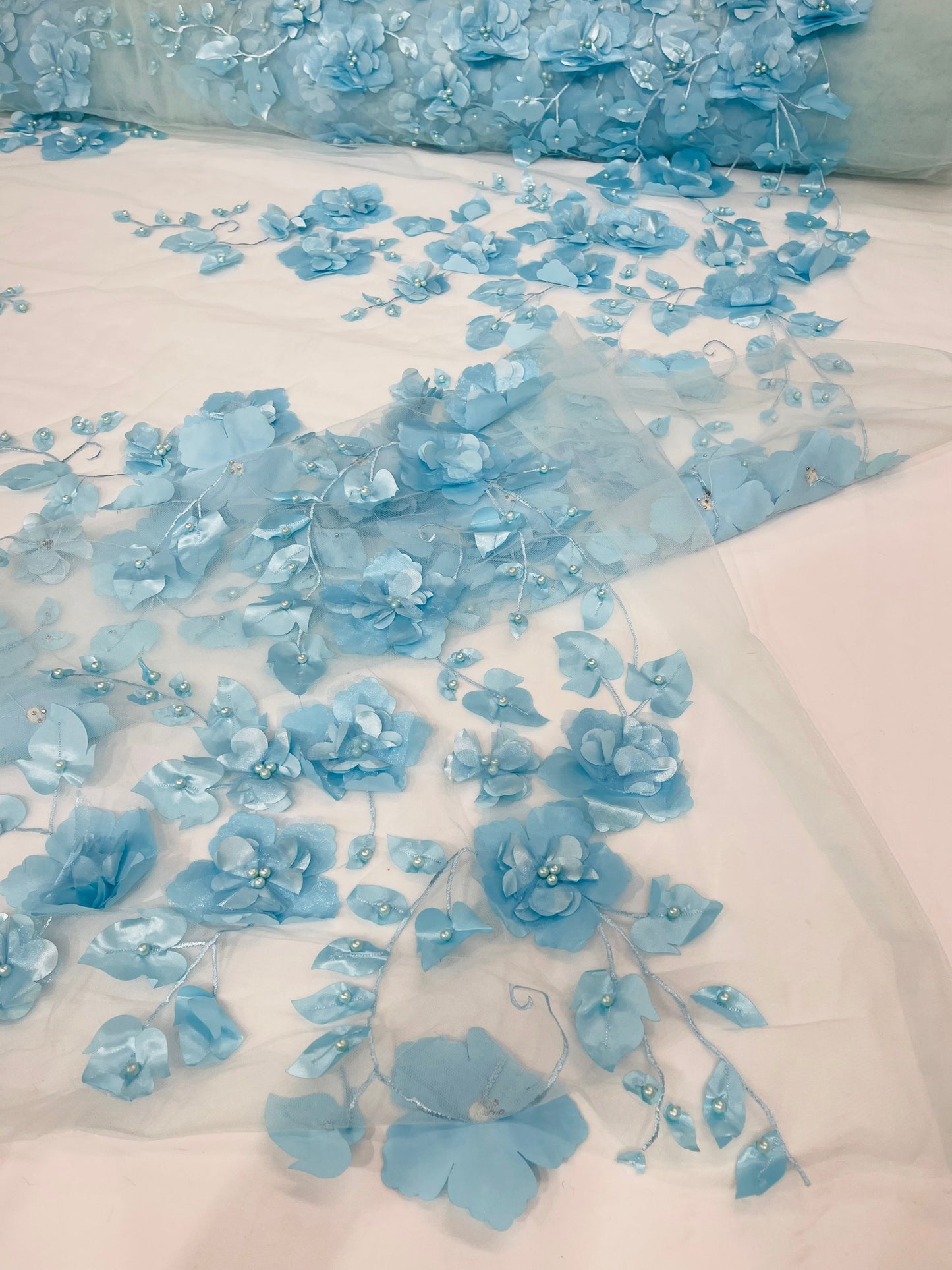 Orquidia 3d floral design embroider with pearls lace 54" Wide| New Creations Fabric & Foam Inc.