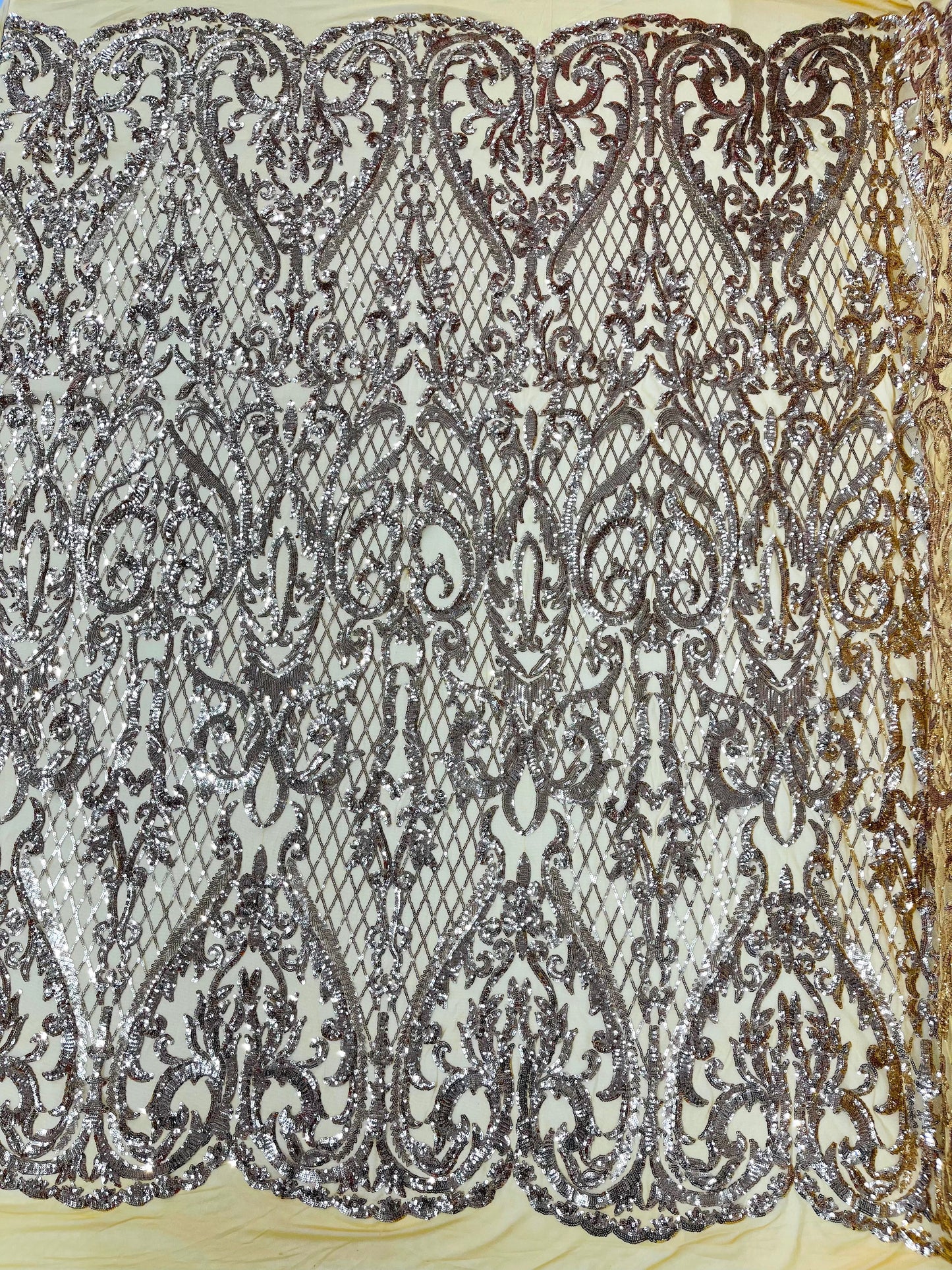 Heart Sequin Damask Fabric 54” Wide| New Creations Fabric & Foam Inc.