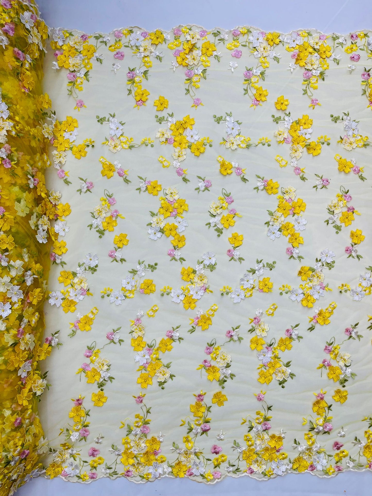 Multi Color 3d floral Daisy Design Embroider Lace 54" Wide| New Creations Fabric & Foam Inc.