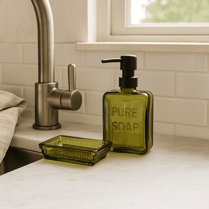 Olive Green Glass Soap Dish – Rectangular with Patterned Rim