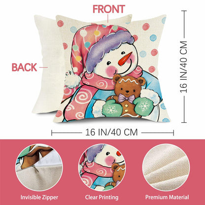 Fjfz Set of 4 Christmas Snowman Santa Pillow Covers 16x16 Plaid Polka Dot