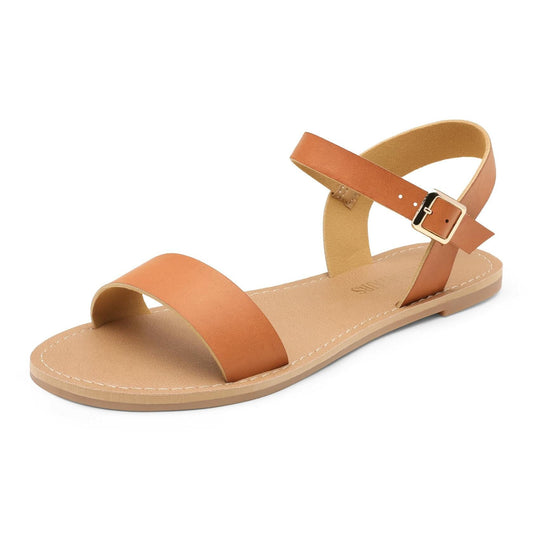 DREAM PAIRS Women's Ankle Strap Flat Sandals Open Toes Size 6.5 Tan HOBOO