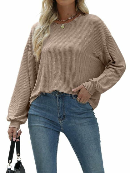 Nfsion Womens Ribbed Long Sleeve Crewneck Soft Top Khaki Size S