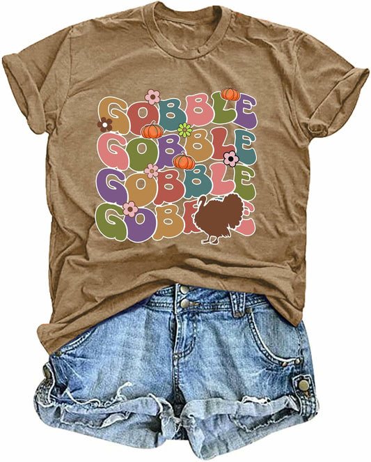 Gobble Gobble Women's Thanksgiving Shirt Khaki Short Sleeve Cute Graphic XL