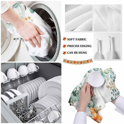 Thanksgiving Green Pumpkin Kitchen Towels Set of 2 18x28 Fall Decor Absorbent