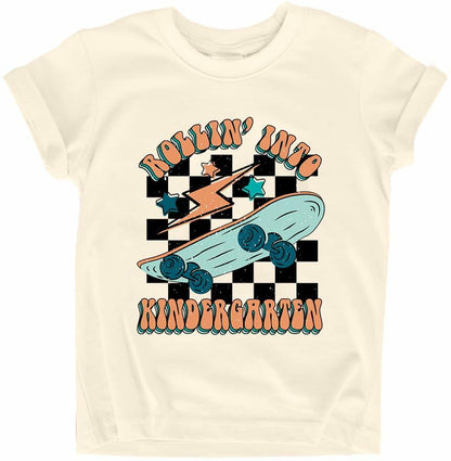 FAYALEQ Rollin Into Kindergarten Skateboard Shirt Beige Kids - Size 3-4T