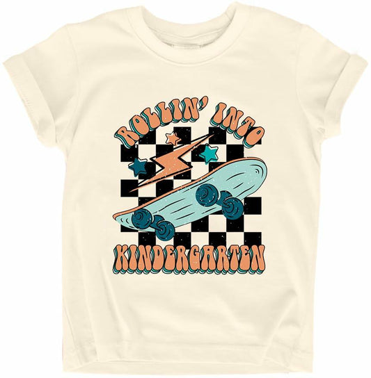 FAYALEQ Rollin Into Kindergarten Skateboard Shirt Beige Kids - Size 3-4T