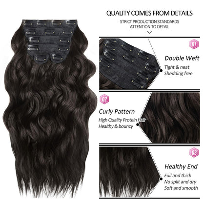 BHF 20in Wavy Clip In Synthetic Hair Extensions Full Head 6pcs Dark Brown