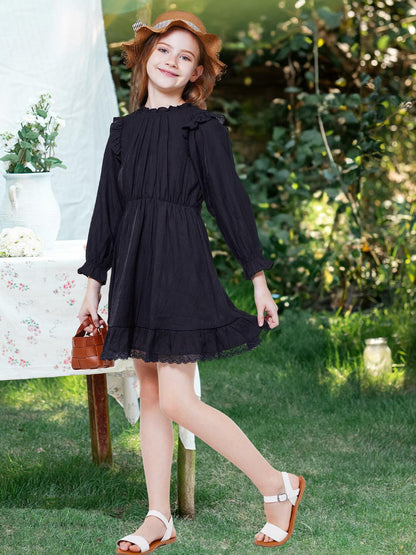 WULFUL Girls Long Sleeve A-line Belted Dress Navy Size 11-12