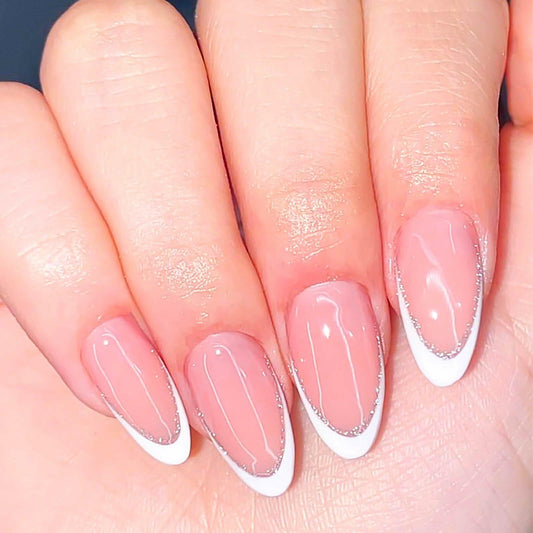RUOKEXIN Almond Medium Pink Press On Nails Silver Glitter White Tips 24pcs